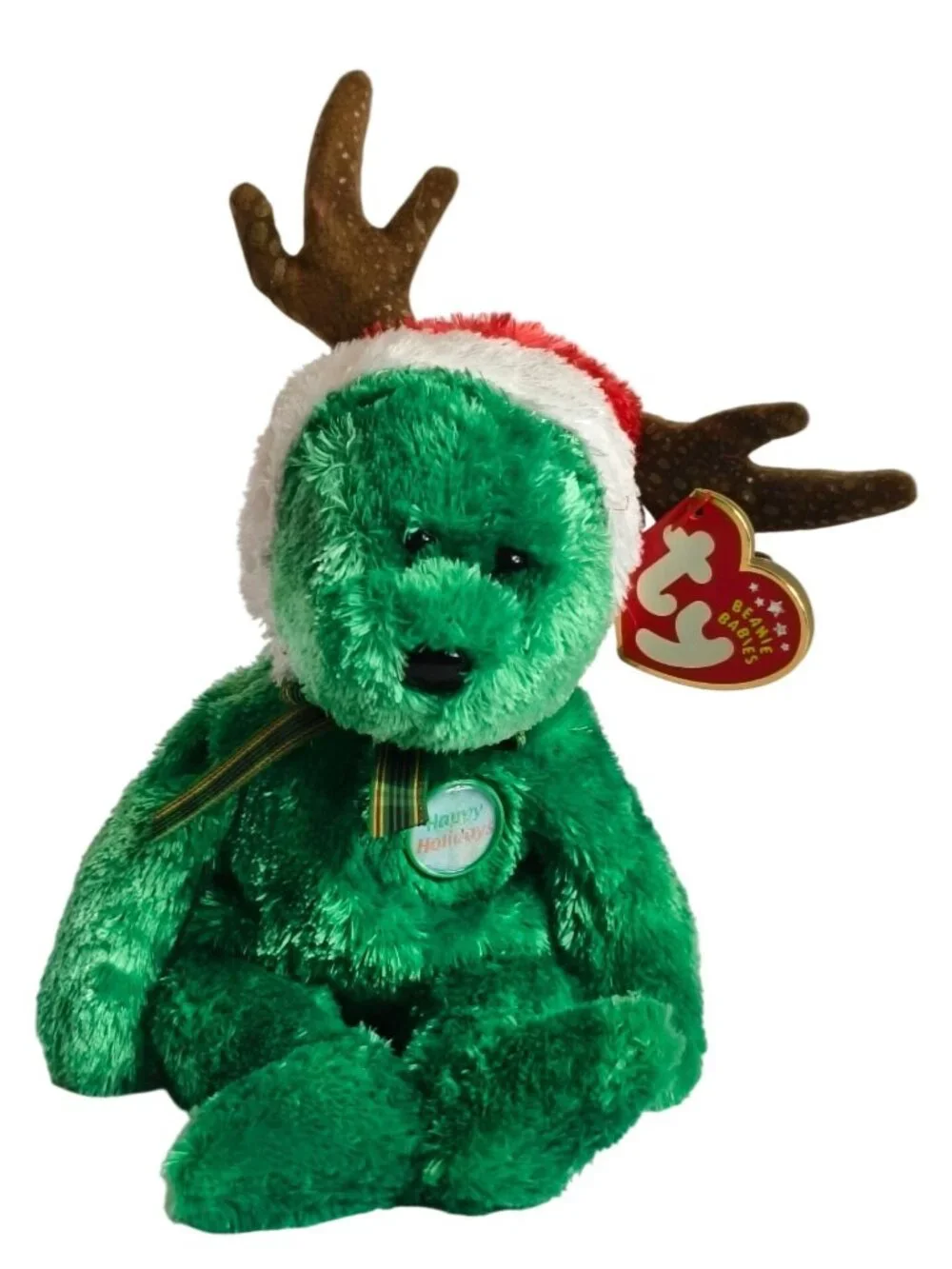 Ty Beanie Babies 2002 Holiday Teddy Bear Plush Antlers Santa Hat Festive Retired
